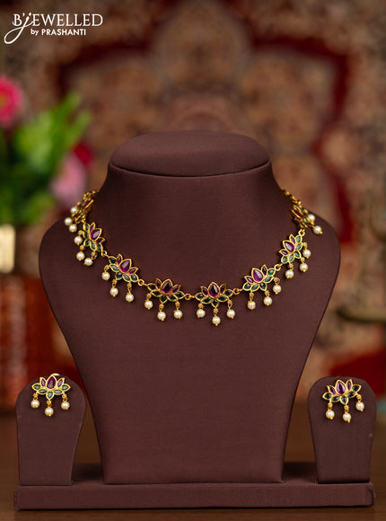 Antique necklace lotus design with kemp stones and pearl hangings