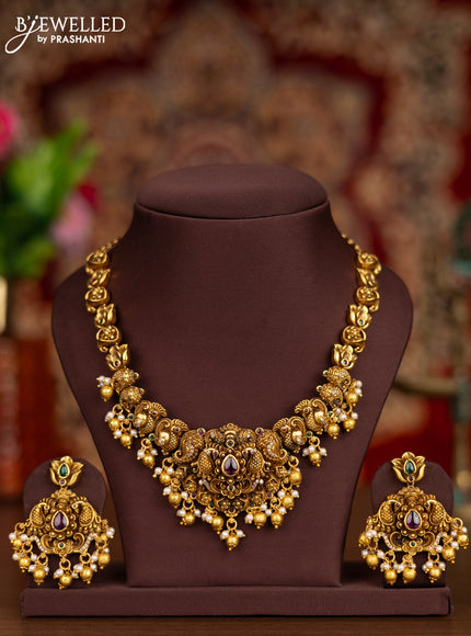 Antique necklace peacock design with kemp & cz stones and pearl & golden beads hangings