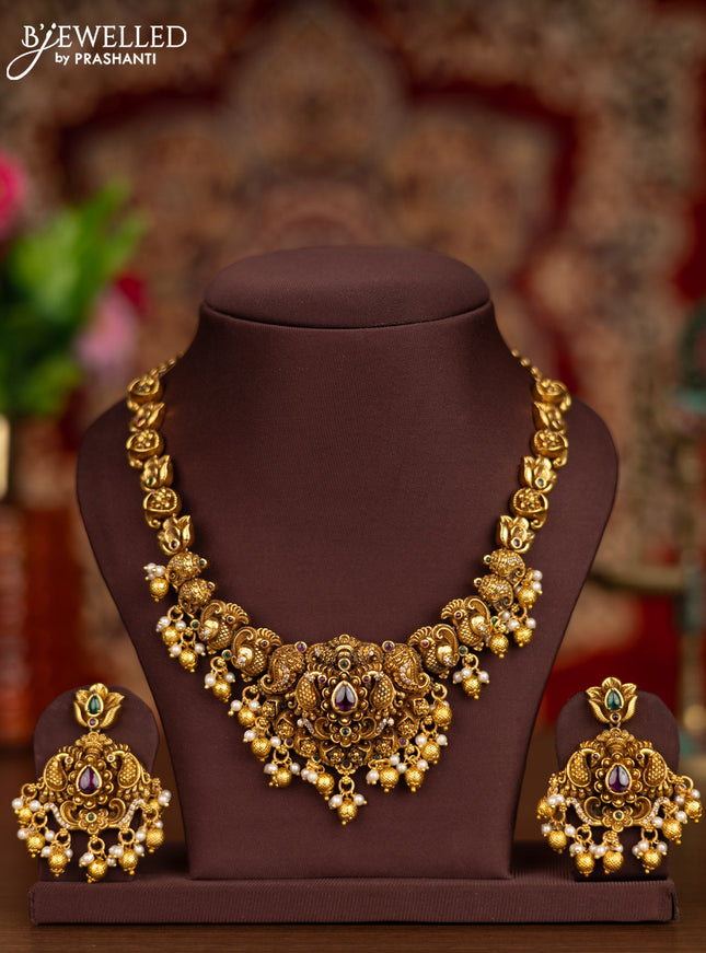 Antique necklace peacock design with kemp & cz stones and pearl & golden beads hangings