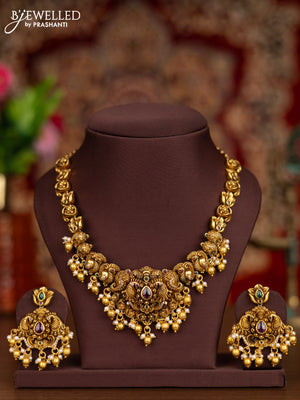 Antique necklace peacock design with kemp & cz stones and pearl & golden beads hangings