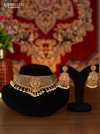 Antique choker lakshmi design with kemp stones and pearl hangings