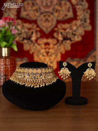 Antique choker lakshmi & peacock design with kemp & cz stones and golden beads hangings