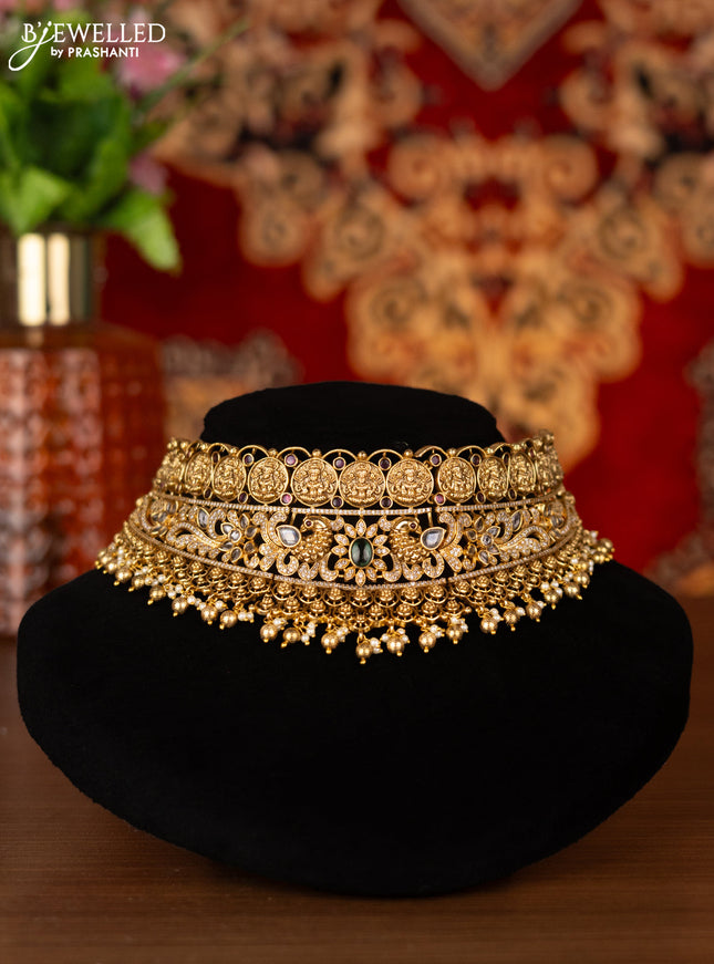 Antique choker lakshmi & peacock design with kemp & cz stones and golden beads hangings
