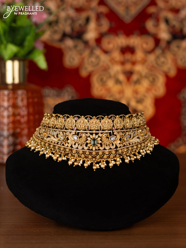 Antique choker lakshmi & peacock design with kemp & cz stones and golden beads hangings