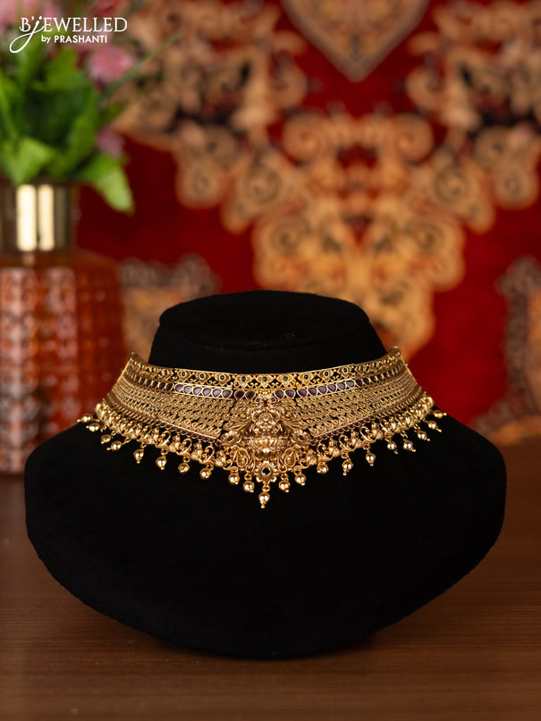 Antique choker lakshmi design with kemp stones and golden beads hangings
