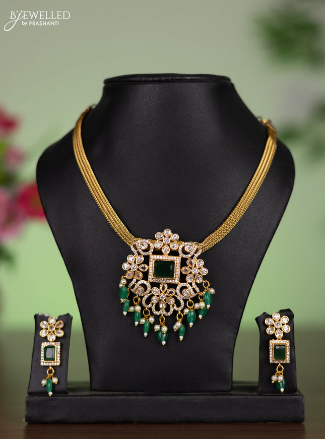 Antique attigai necklace with emerald & cz stones and pearl & green beads hangings