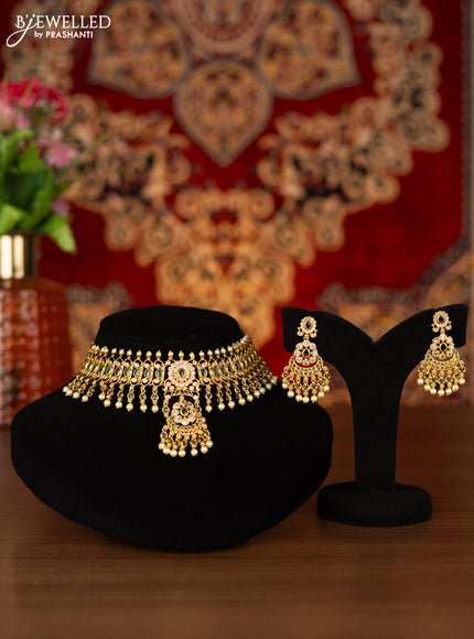 Antique choker with emerald & cz stones and pearl hangings