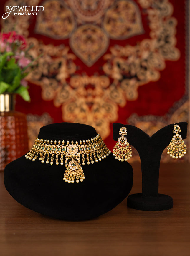 Antique choker with emerald & cz stones and pearl hangings