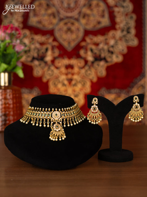 Antique choker with emerald & cz stones and pearl hangings