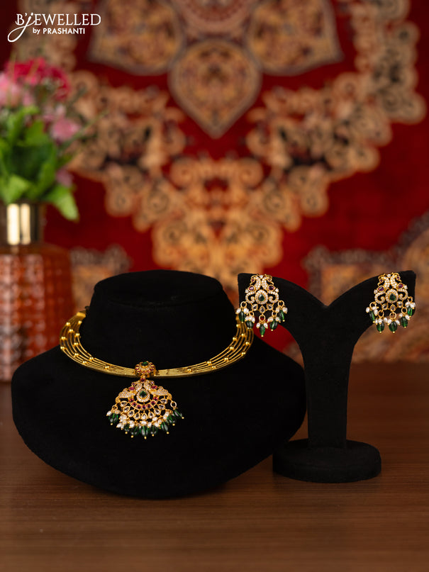 Antique ring type choker with kemp & cz stones and pearl & green beads hangings