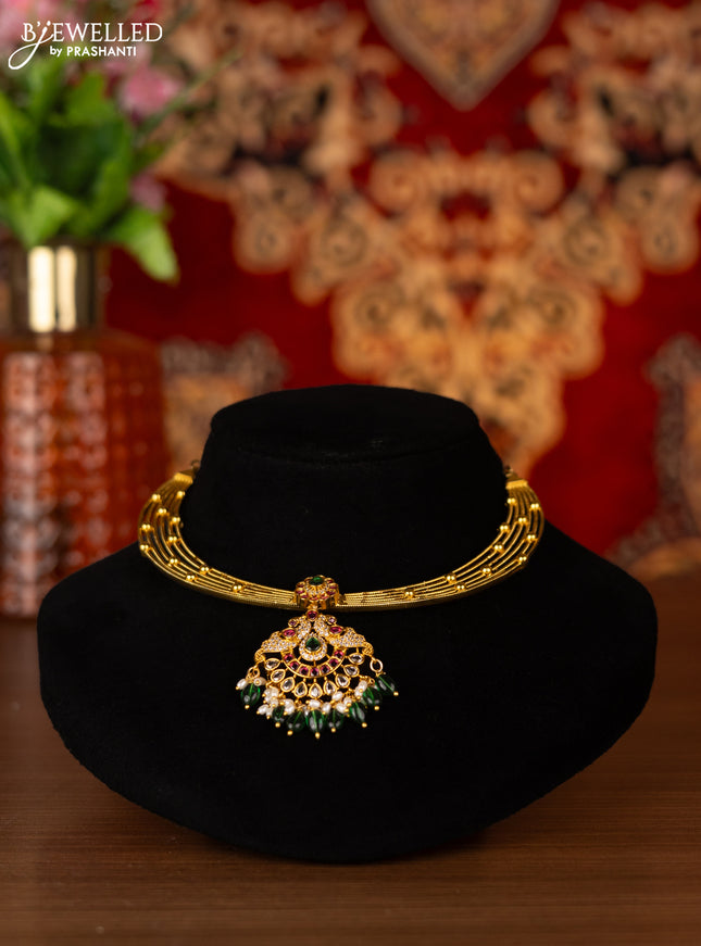 Antique ring type choker with kemp & cz stones and pearl & green beads hangings