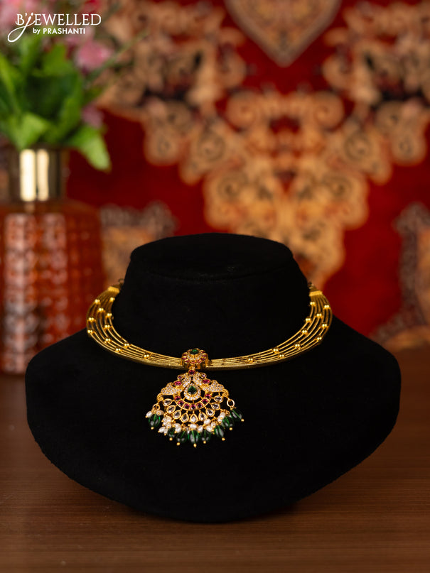 Antique ring type choker with kemp & cz stones and pearl & green beads hangings