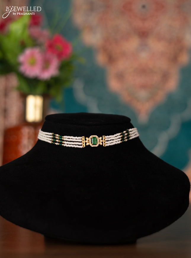 Pearl choker with emerald and cz stones