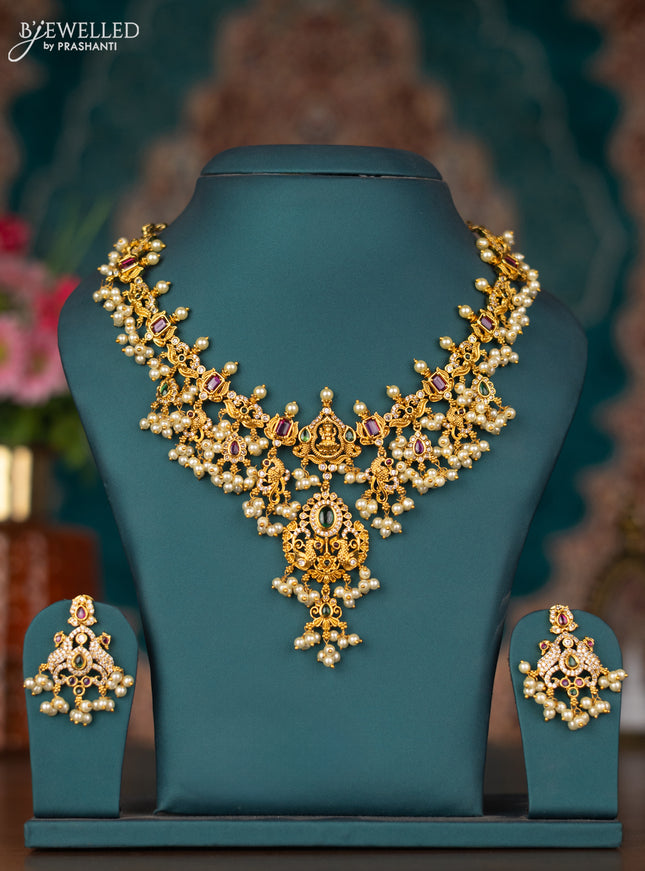 Antique guttapusalu necklace lakshmi design with kemp & cz stones and pearl hangings