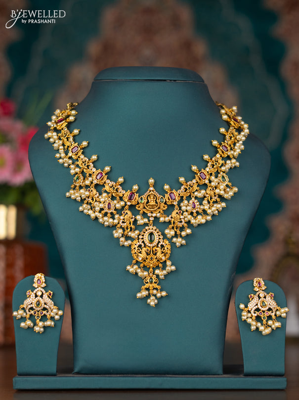 Antique guttapusalu necklace lakshmi design with kemp & cz stones and pearl hangings