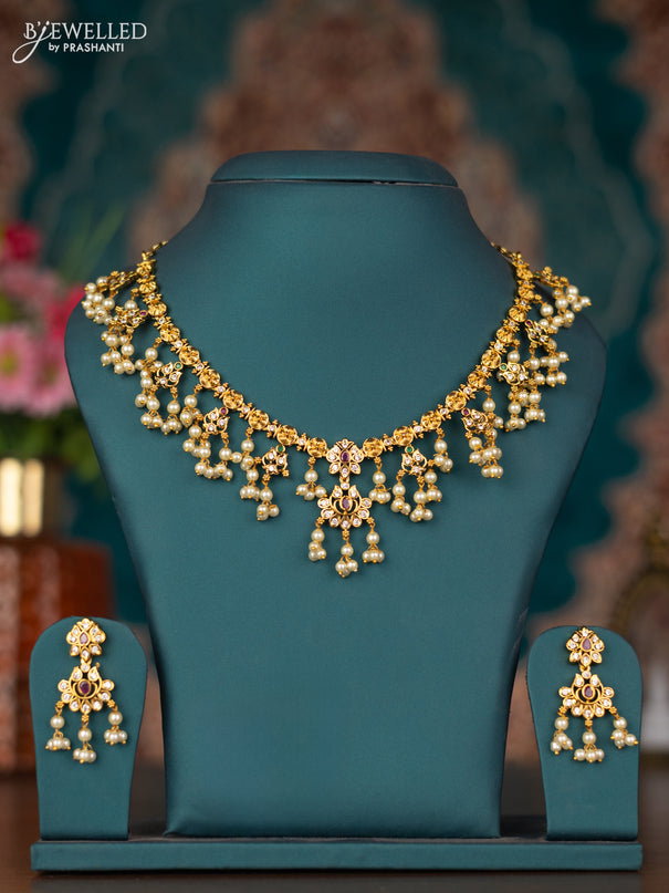 Antique guttapusalu necklace with kemp & cz stones and pearl hangings