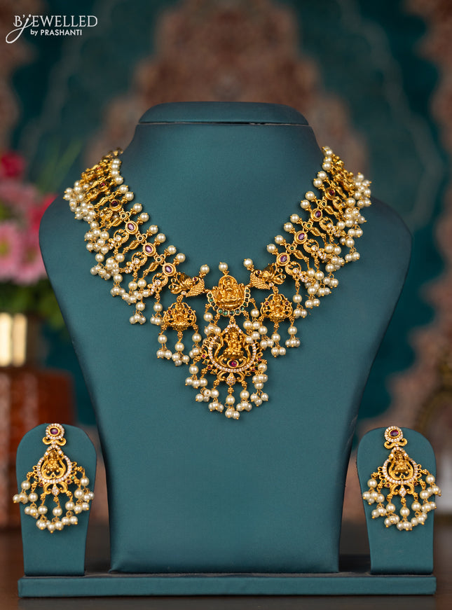 Antique guttapusalu necklace lakshmi design with kemp & cz stones and pearl hangings