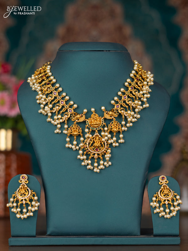 Antique guttapusalu necklace lakshmi design with kemp & cz stones and pearl hangings