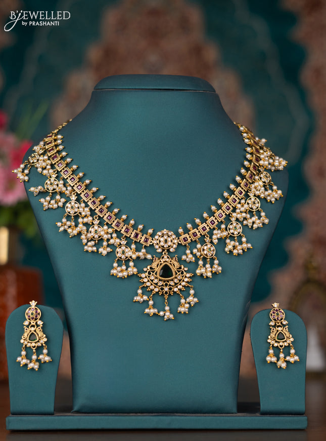 Antique guttapusalu necklace with kemp & cz stones and pearl hangings
