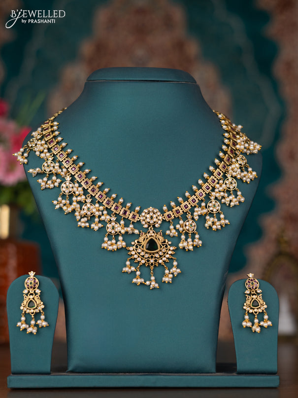 Antique guttapusalu necklace with kemp & cz stones and pearl hangings