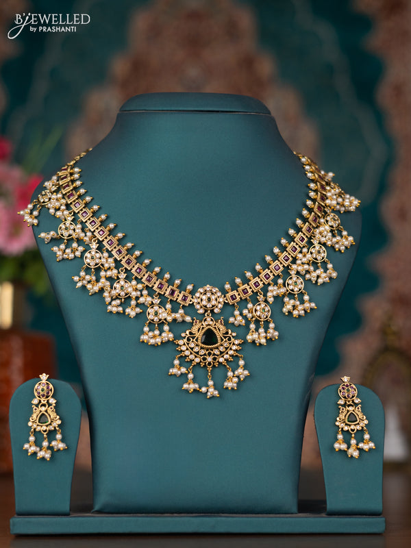 Antique guttapusalu necklace with kemp & cz stones and pearl hangings