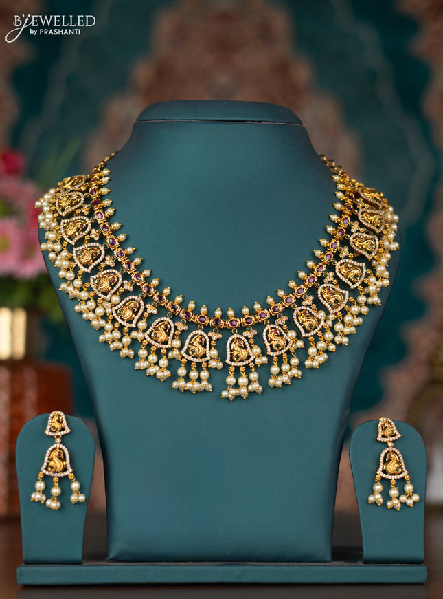 Antique guttapusalu necklace peacock design with kemp & cz stones and pearl hangings