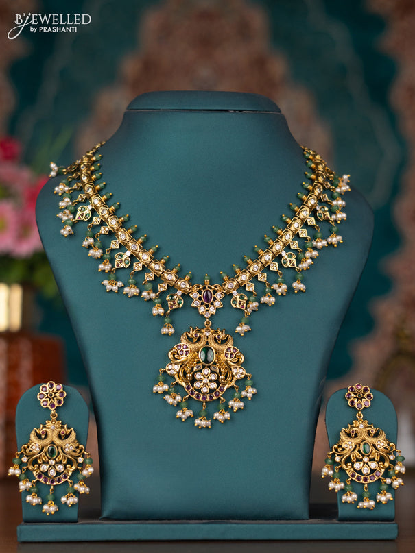 Antique guttapusalu necklace peacock design with kemp & cz stones and pearl & green beads hangings
