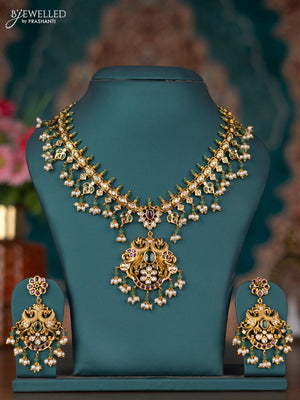 Antique guttapusalu necklace peacock design with kemp & cz stones and pearl & green beads hangings