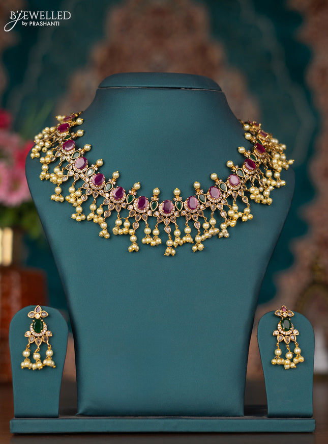 Antique guttapusalu necklace with kemp & cz stones and pearl hangings
