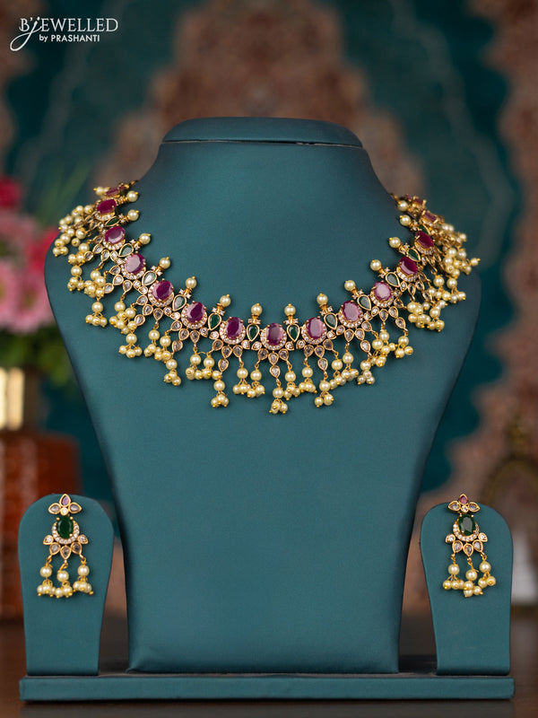 Antique guttapusalu necklace with kemp & cz stones and pearl hangings