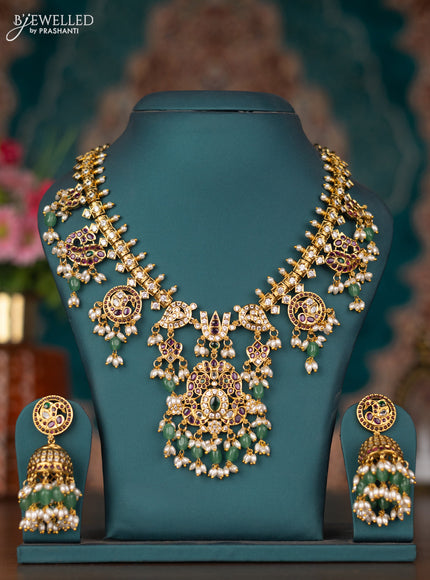 Antique guttapusalu necklace namam design with kemp & cz stones and pearl & mint green beads hangings