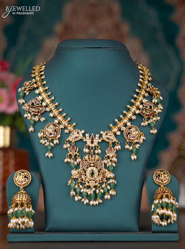 Antique guttapusalu necklace namam design with kemp & cz stones and pearl & mint green beads hangings