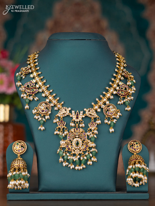 Antique guttapusalu necklace namam design with kemp & cz stones and pearl & mint green beads hangings