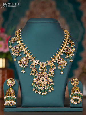 Antique guttapusalu necklace namam design with kemp & cz stones and pearl & mint green beads hangings