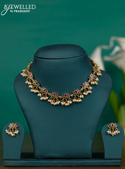 Antique guttapusalu necklace lotus design with kemp stones and pearl hangings