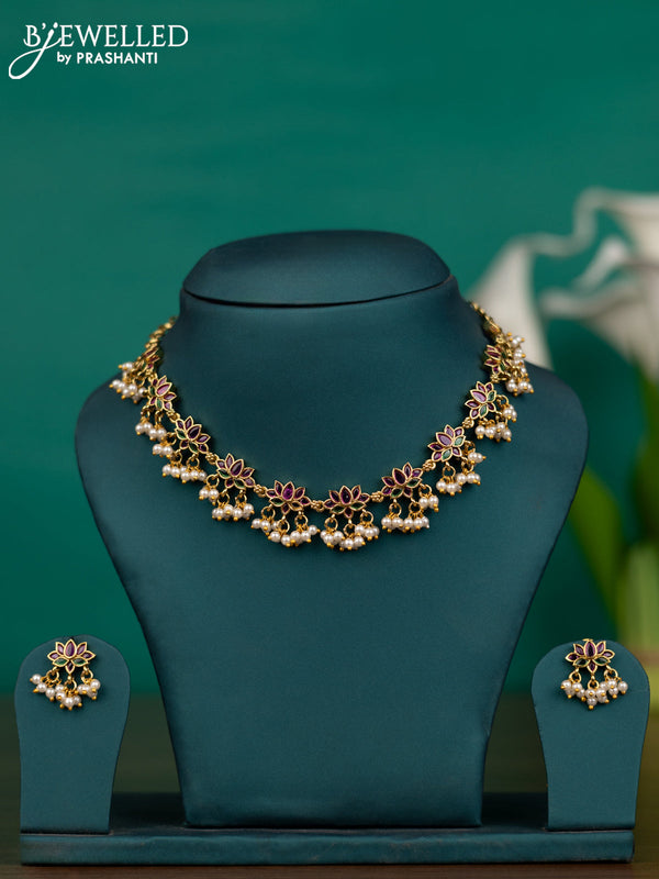 Antique guttapusalu necklace lotus design with kemp stones and pearl hangings