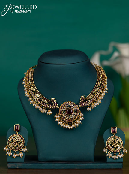 Antique guttapusalu necklace with kemp & cz stones and pearl hangings