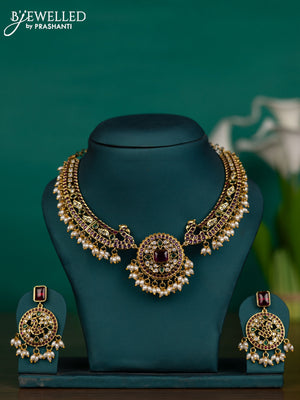 Antique guttapusalu necklace with kemp & cz stones and pearl hangings