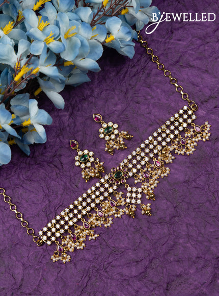 Antique choker with kemp & cz stones and pearl & golden beads hangings