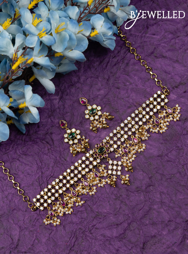 Antique choker with kemp & cz stones and pearl & golden beads hangings