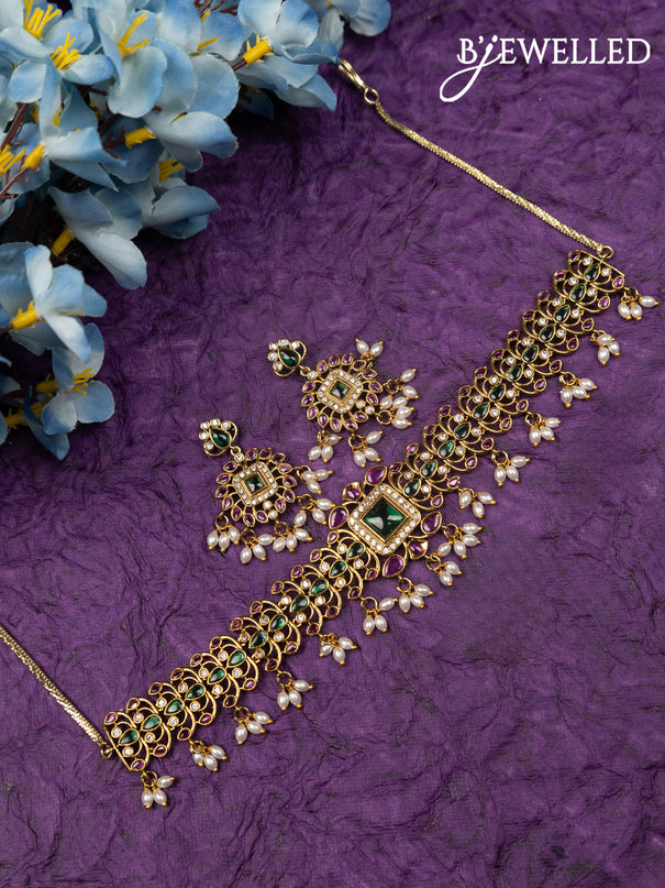 Antique choker with kemp & cz stones and pearl hangings
