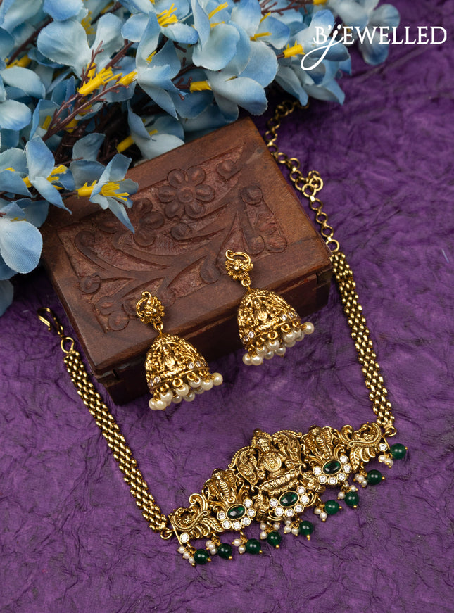 Antique choker lakshmi design with cz stones and pearl & grean beads hangings