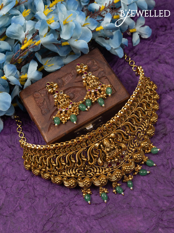 Antique choker lakshmi design with ruby & cz stones and mint green beads hangings