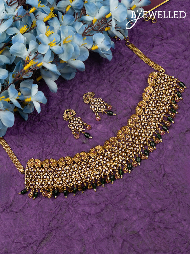 Antique choker with pink kemp & cz stones and green beads hangings