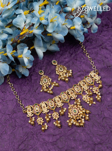 Antique choker with kemp & cz stones and pearl & golden beads hangings