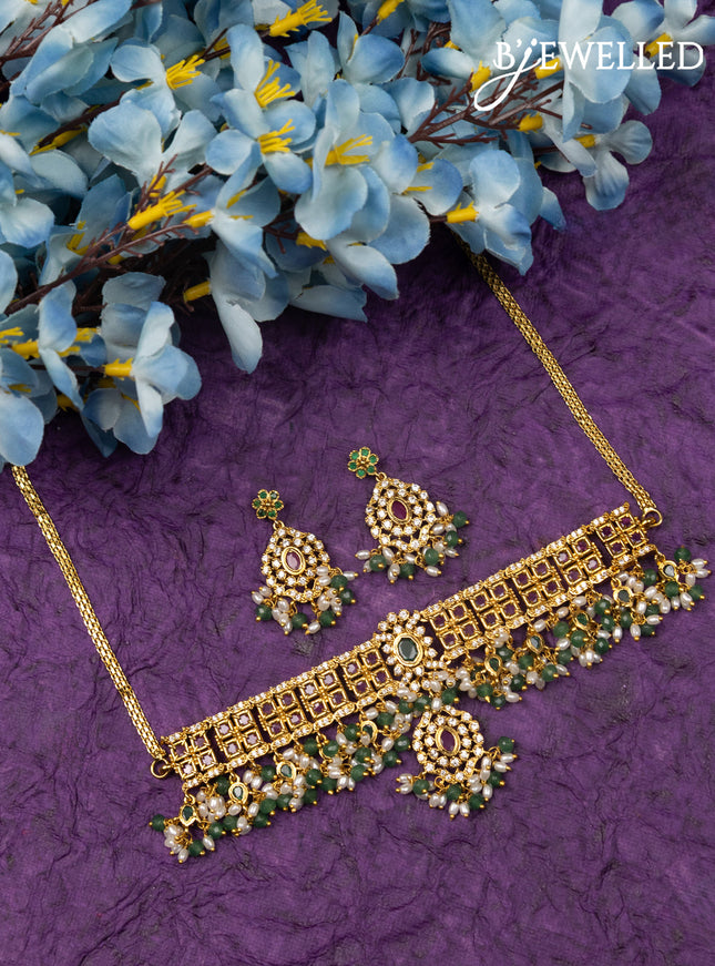 Antique choker with kemp & cz stones and pearl & mint green beads hangings