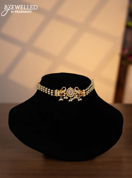 Pearl choker elephant design with kemp & cz stones and pearl hangings