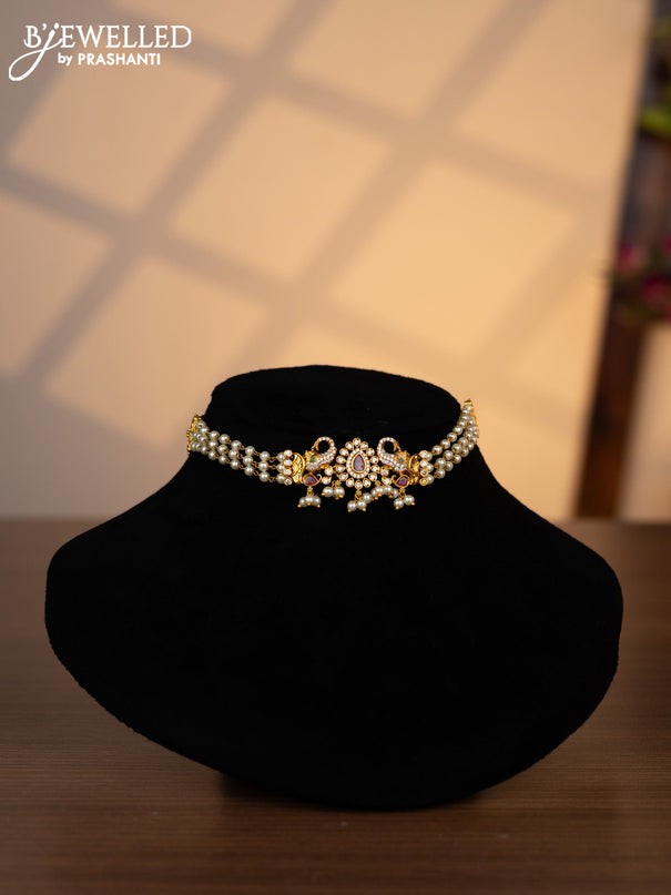 Pearl choker elephant design with kemp & cz stones and pearl hangings