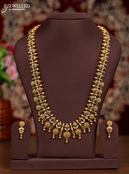 Antique haaram with kemp & cz stones and golden beads hangings
