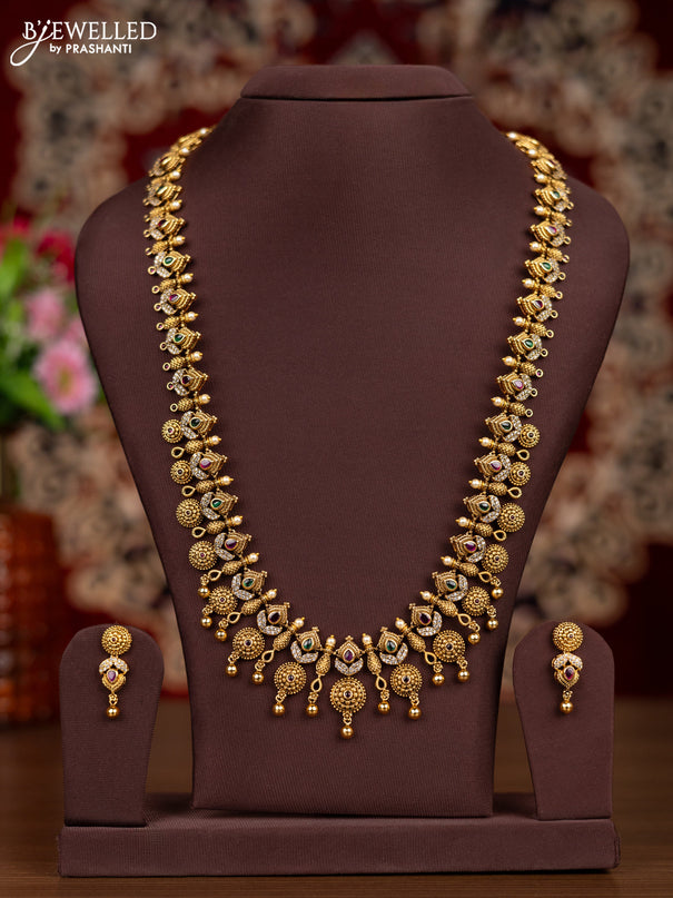 Antique haaram with kemp & cz stones and golden beads hangings